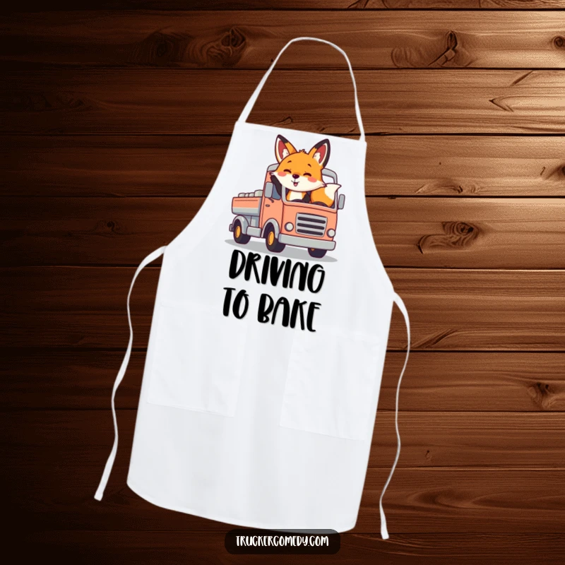 Funny fox apron, playfully waving from a stylized, colorful truck. A humorous and practical kitchen item.