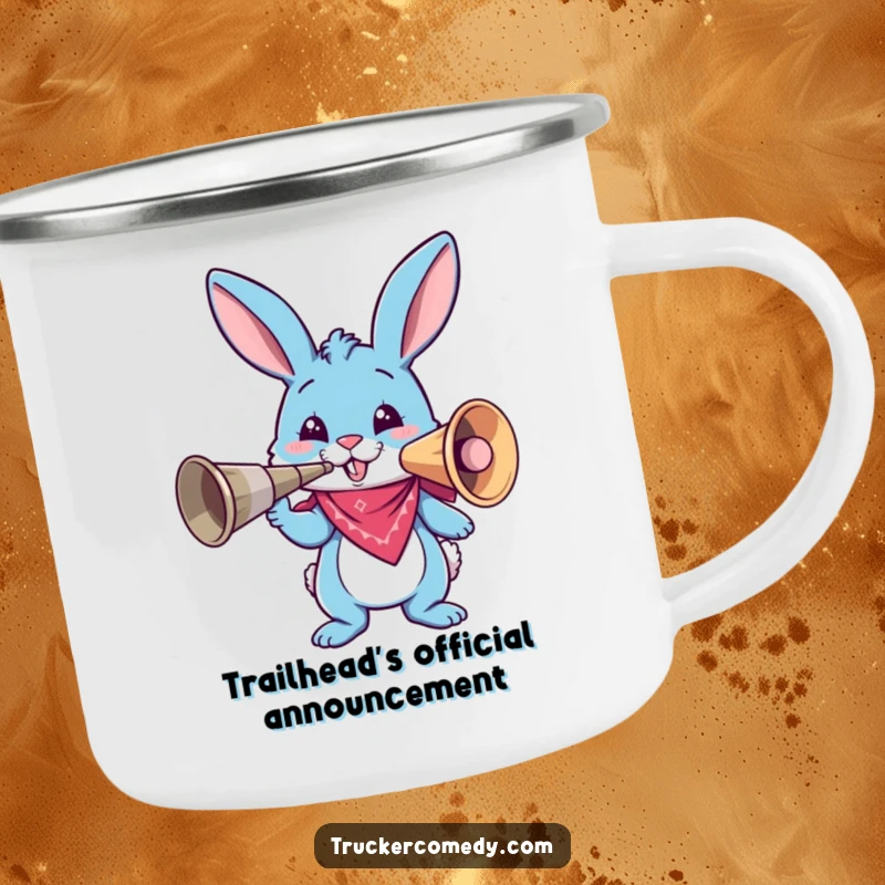 Funny blue bunny wearing a bandana, honking a huge air horn on a sturdy camping mug, perfect for outdoor adventures and loud mornings.