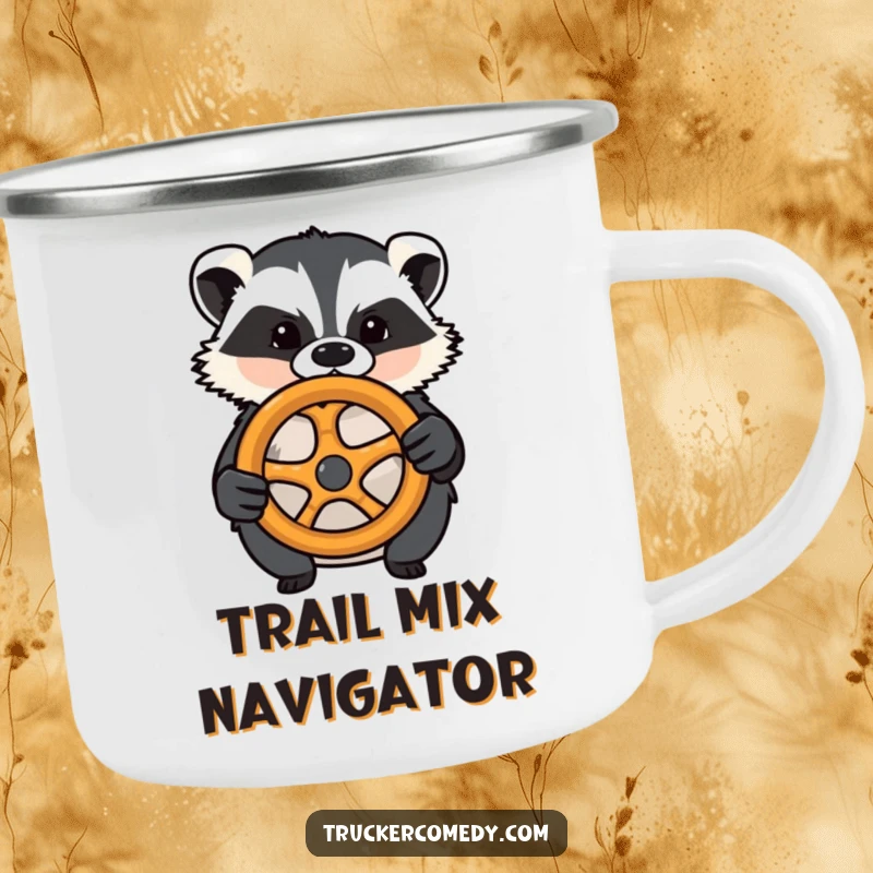 Funny badger camping mug, confidently steering with a pretzel wheel. Rugged and humorously determined.