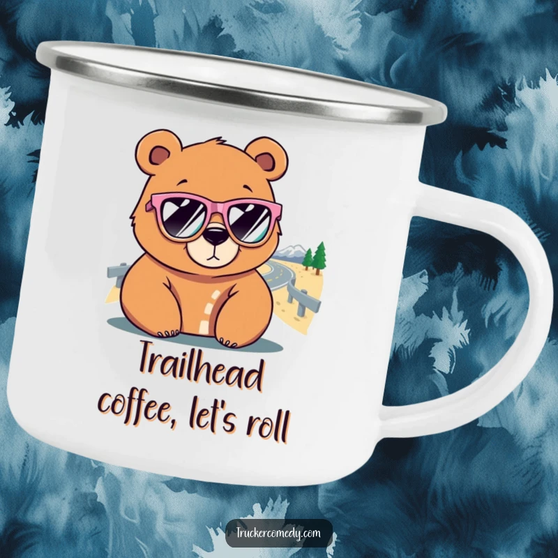 Funny Bear Camp Mug: A bear in oversized sunglasses gazes at a winding road, perfect for camping and humor.