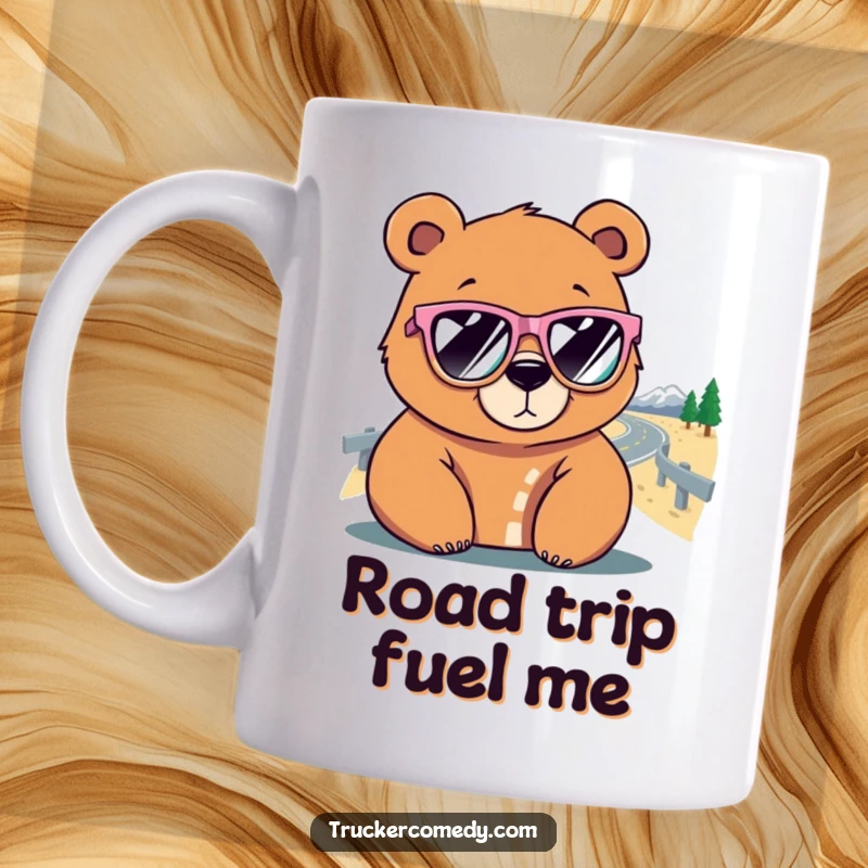 Funny Bear Mug: A cool bear in oversized sunglasses gazes at a winding road, embodying adventure and humor.