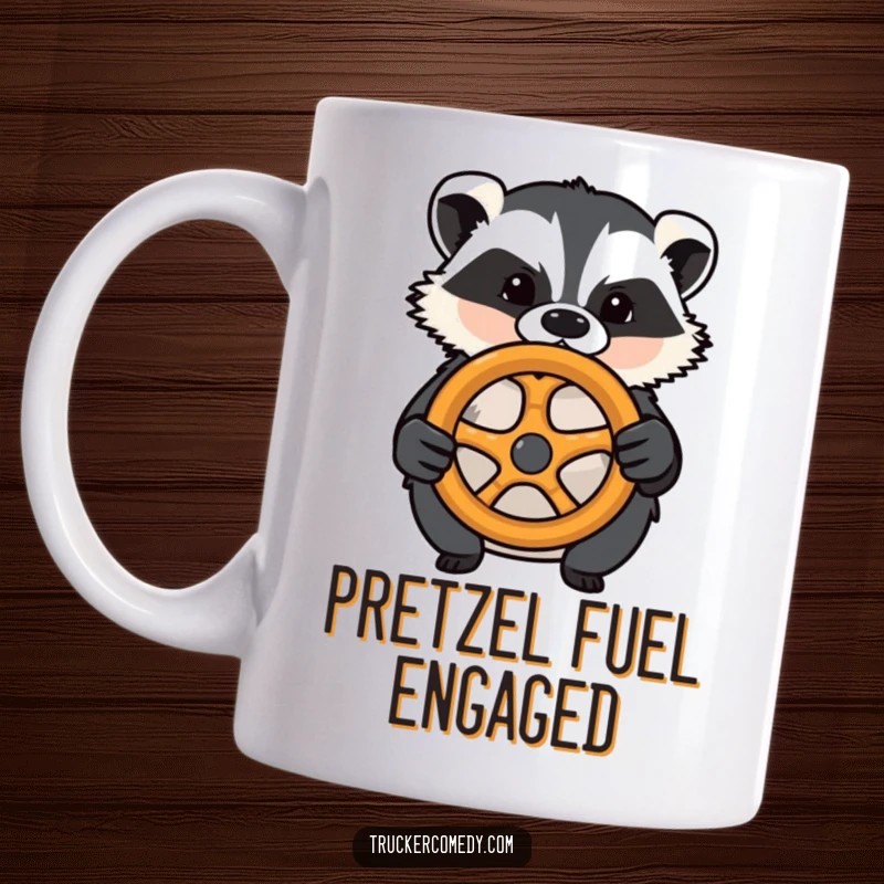 Funny badger mug, confidently gripping a steering wheel made of a pretzel. Determined and humorous.