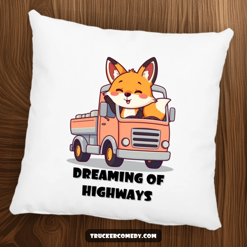 Funny fox pillow, cheerfully waving from a colorful truck cab. Soft, decorative, and full of joy.