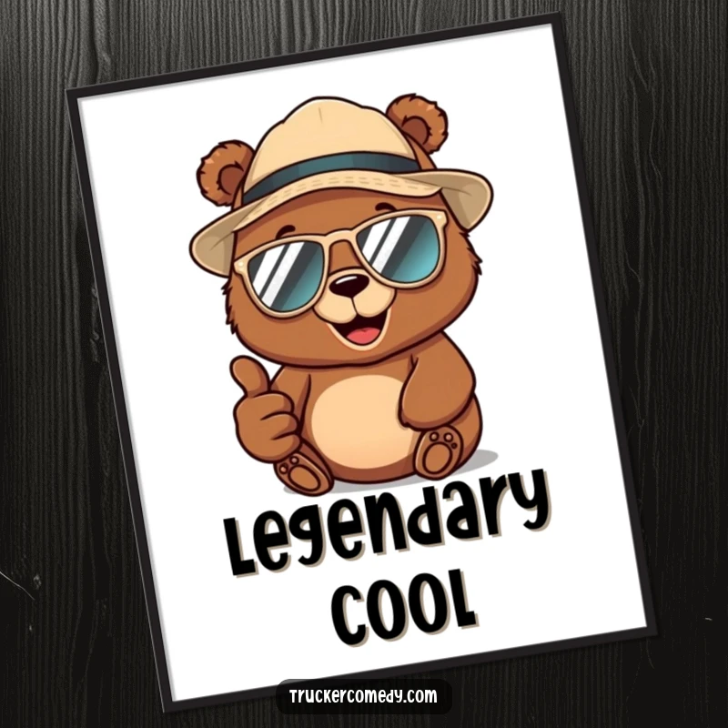 Funny brown bear wearing a trucker hat and aviator sunglasses, giving a thumbs-up, as a downloadable digital art print for instant cool decor.