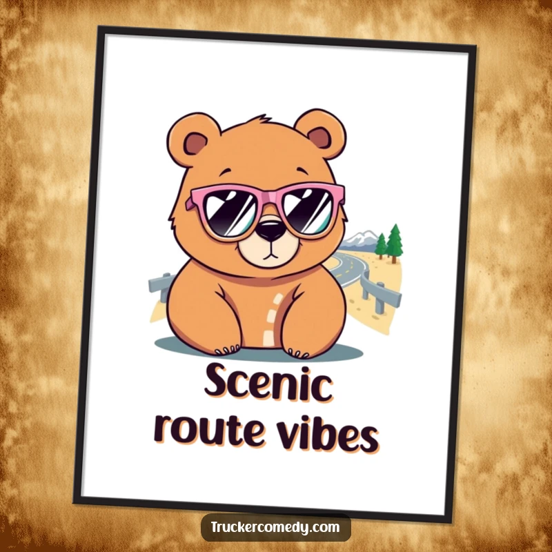 Funny Bear Digital Art Print: A bear in oversized sunglasses gazes at a winding road, embodying adventure and humor.