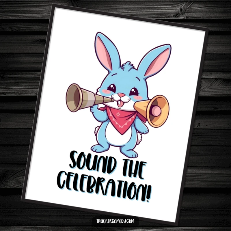 Funny blue bunny wearing a bandana, honking a comically large air horn, rendered as a vibrant digital art print for instant wall humor.