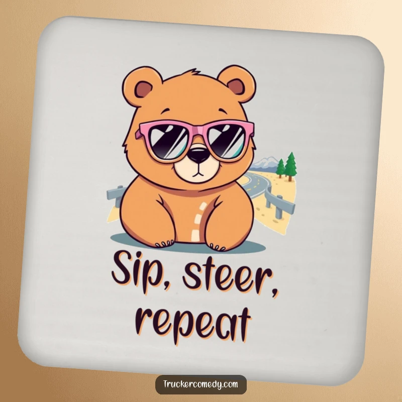 Funny Bear Coaster: A bear wearing oversized sunglasses looks at a winding road, a humorous and protective surface.