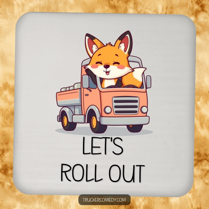 Funny fox coaster, playfully waving from a stylized, colorful truck. Protects surfaces with cheer and humor.