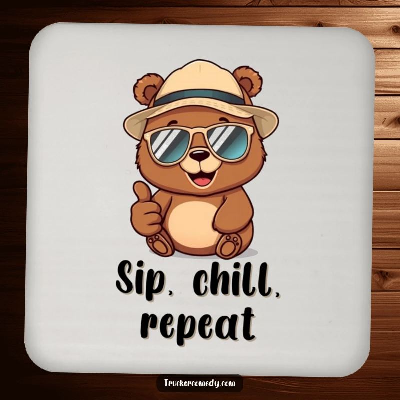 Funny brown bear wearing a trucker hat and aviator sunglasses, giving a thumbs-up, printed on a protective drink coaster, adding cool humor.