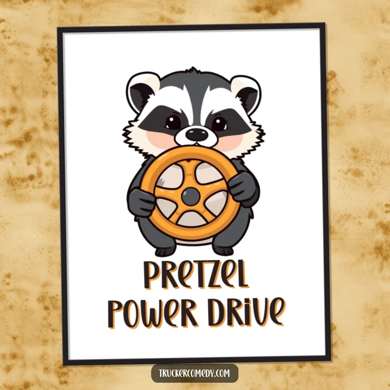 Funny badger poster, confidently gripping a steering wheel made entirely of a pretzel. Humorous and determined.