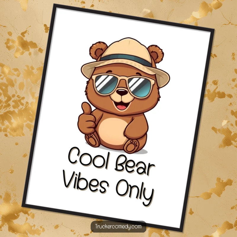 Funny Free Printable Wall Art: Cheerful brown bear in trucker hat and aviator sunglasses giving a thumbs-up, radiating cool.