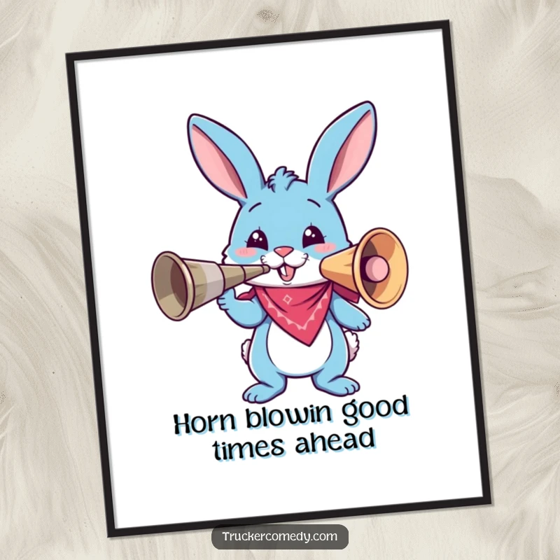 Funny Free Printable Wall Art: A blue bunny wearing a bandana honks a comically large air horn, exuding festive and loud energy.