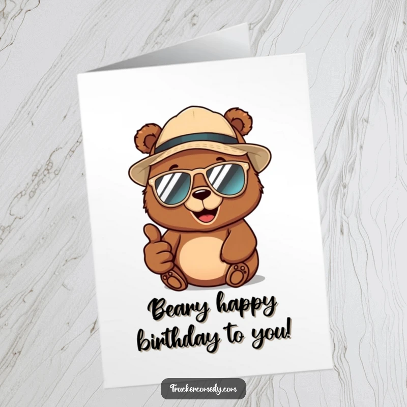 Funny Free Printable Birthday Card: Cheerful brown bear in trucker hat and sunglasses giving a thumbs-up, exuding cool.