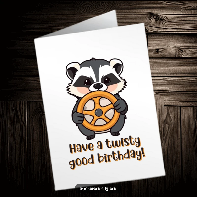 Funny Free Printable Birthday Card: A determined badger confidently gripping a steering wheel made entirely of a giant pretzel.