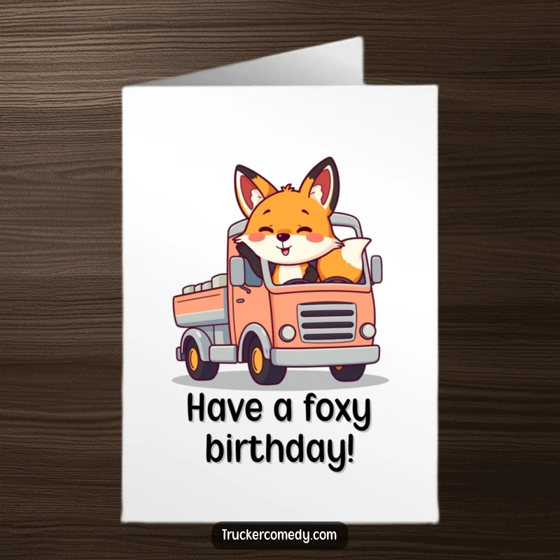 Funny Free Printable Birthday Card: A cheerful fox playfully waving from the colorful cab of a stylized truck, ready for birthday fun.