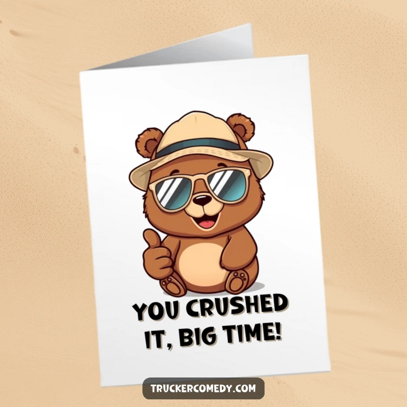Funny Free Printable Congrats Card: Brown bear in trucker hat and sunglasses giving a thumbs-up, celebrating victories.