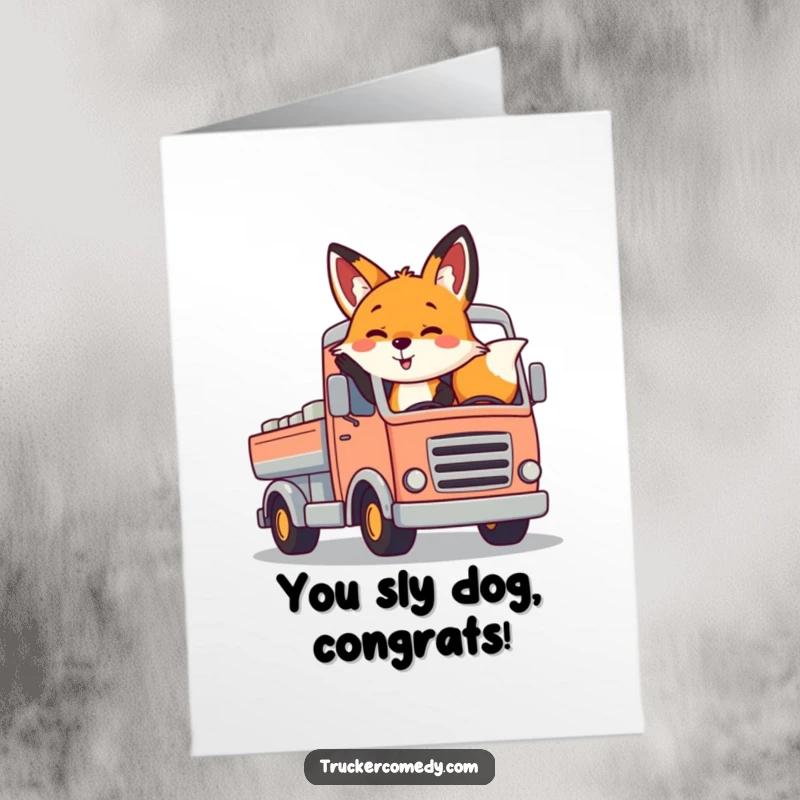Funny Free Printable Congratulations Card: A cheerful fox waves from a colorful truck cab, celebrating a successful journey or achievement.