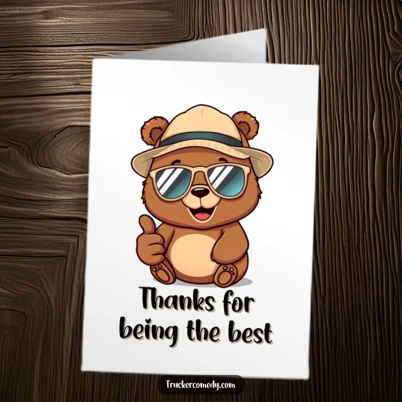 Funny Free Printable Thank You Card: Cheerful brown bear in trucker hat and aviator sunglasses giving a thumbs-up, expressing thanks.