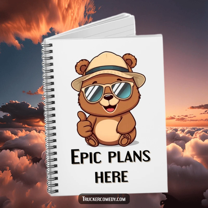 Funny brown bear wearing a trucker hat and aviator sunglasses, giving a thumbs-up, on the cover of a lined notebook for jotting down cool ideas.