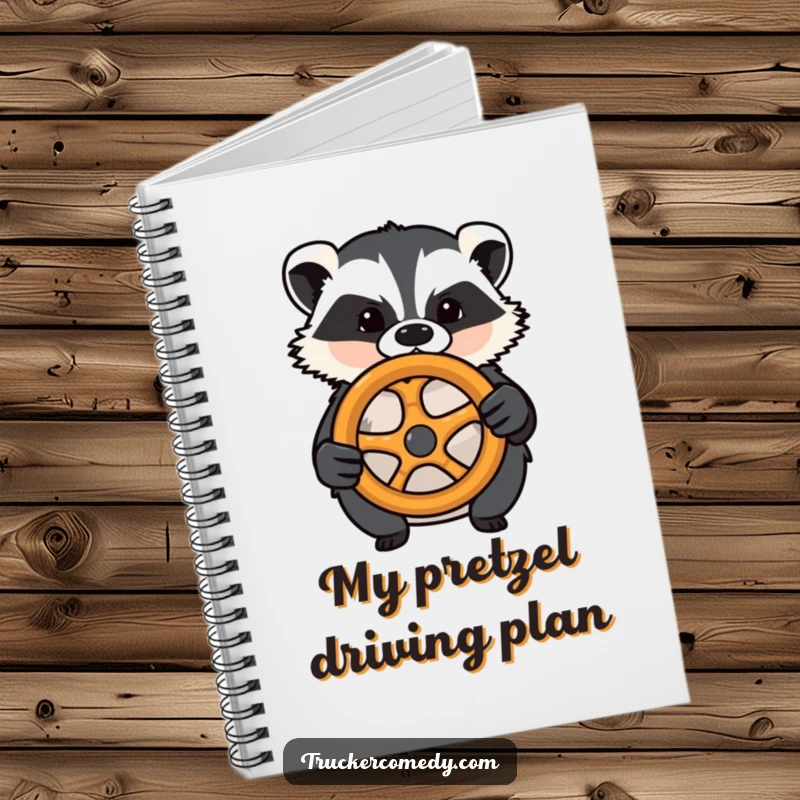 Funny badger notebook, confidently gripping a pretzel steering wheel. Ideal for planning and brainstorming.
