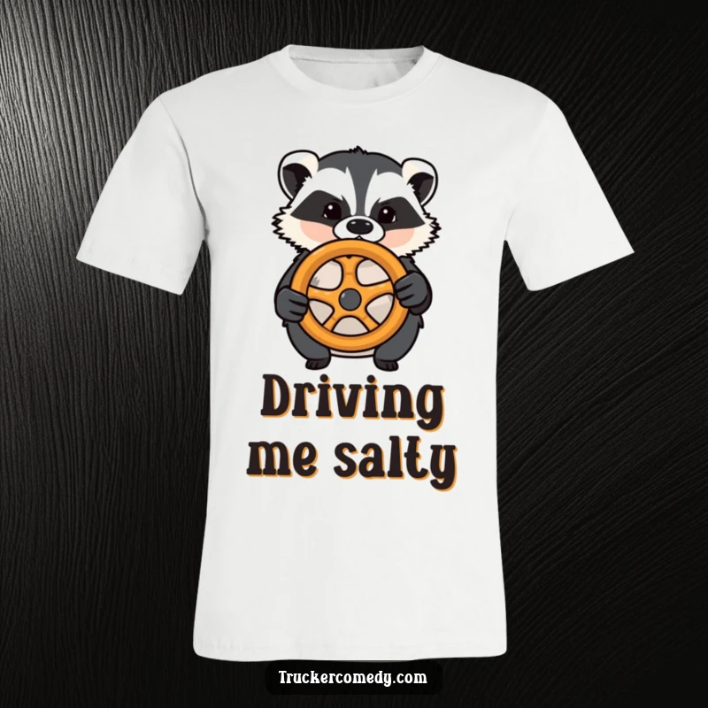 Funny badger T-shirt, confidently gripping a pretzel steering wheel. A comical depiction of focused driving.
