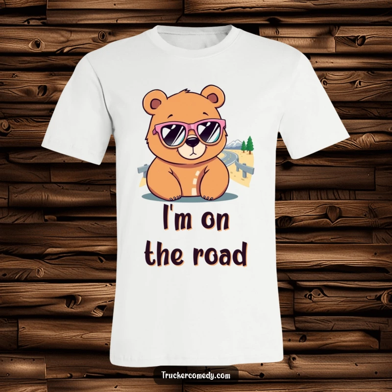 Funny Bear T-Shirt: A cool bear wearing oversized sunglasses looks ahead at a winding road, depicting a humorous journey.