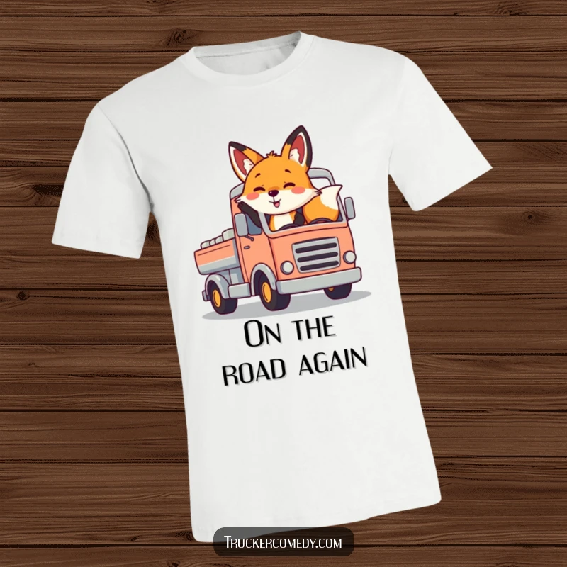 Funny fox T-shirt, playfully waving from the driver's seat of a colorful, stylized truck. Cheerful and fun.