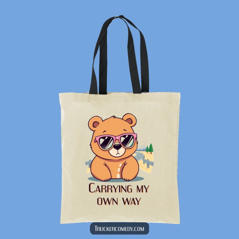 Funny Bear Road Trip Tote Bag: Stylish accessory with a cool bear and sunglasses graphic, great funny gift.